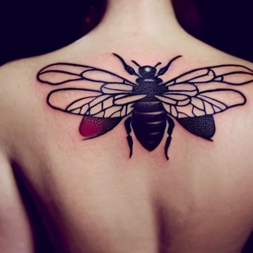 Image similar to a tattoo of bee movie on the beautiful back of a woman with crimson - red hair, anonymous, cinematic lighting, beautiful composition