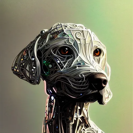 Image similar to organic cyborg dog, holographic white plastic and driftwood, fantasy, intricate, elegant, highly detailed, lifelike, photorealistic, digital painting, artstation, illustration, smooth, sharp focus, art by scott davidson, albert aublet, krenz cushart, artem demura, mucha