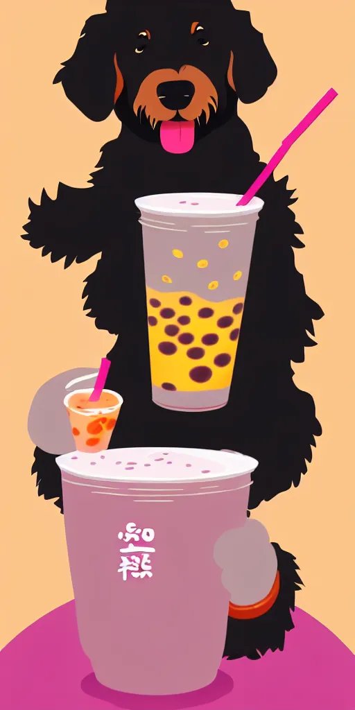 Prompt: a bernedoodle drinking boba tea, digital art, wallpaper, highly detailed, trending on artstation.