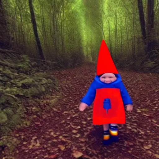 Prompt: bad quality screenshot of a leaked video of a small person dressed as gnome following me through a forest trail, night time, bright camera flash, camera shaking, realistic, ultrarealistic, 480p, scary