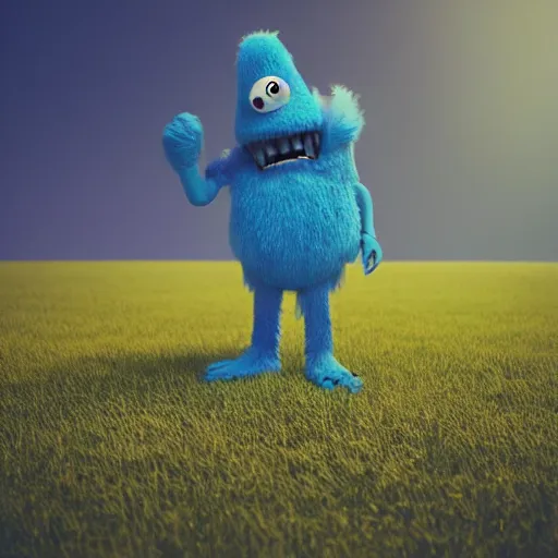 Prompt: a blue monster with its mouth open in the middle of a field, a 3 d render by mike winkelmann, trending on behance, funk art, behance hd, rendered in cinema 4 d, rendered in maya