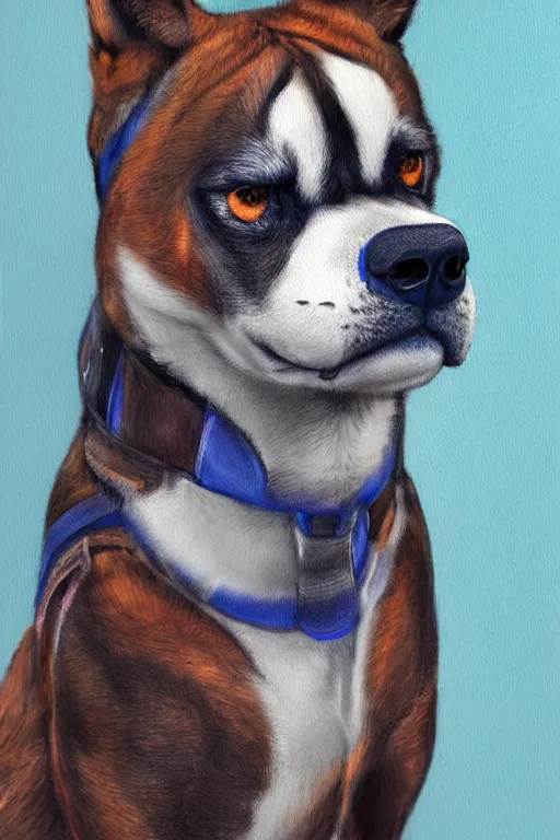 Image similar to a character design of a husky boxer in blue vest, portrait painting, anime, humanoid, anthropomorphic, personify, furry