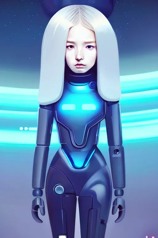 Prompt: perfect family android women dressed with explorer suit, artgem, scifi, futuristic design, bae suzy, long white hair!!!, blue eyes,, full body character design, cinematic lighting, highly detailed, artstation, divine, by huifeng huang, beeple, goro fujita, smooth gradient.