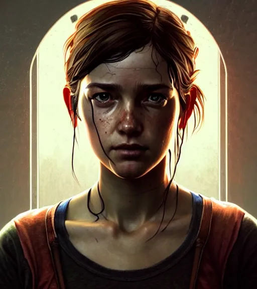 Prompt: symmetry ( ellie from last of us portrait ) ultra detailed, intricate, dynamic lighting, digital art, digital painting, art station, wlop, sharp focus, illustration, art by artgerm and greg rutkowski and alphonse mucha