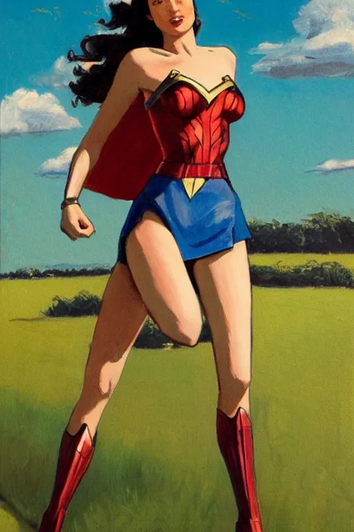 Prompt: full body illustration of gal gadot in the style of bill medcalf, green grass, blue sky, a few clouds, retro, 1 9 5 0, detailed, 1 / 3 headroom, cinematic rule of thirds