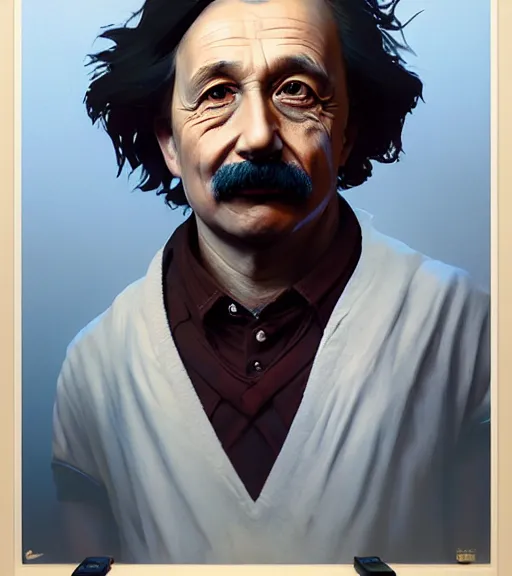 Image similar to Highly detailed portrait Einstein in GTA V, Stephen Bliss, unreal engine, fantasy art by Greg Rutkowski, Loish, Rhads, ferdinand knab, Makoto Shinkai and Lois van baarle, ilya kuvshinov, rossdraws, Tom Bagshaw, global illumination, radiant light, detailed and intricate environment