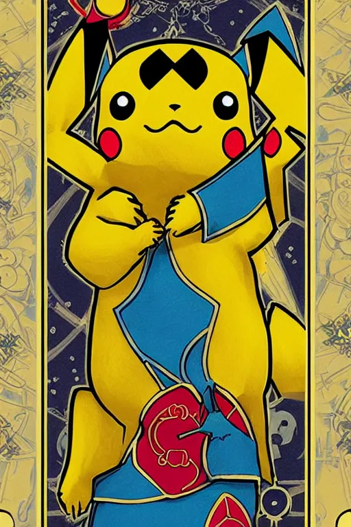 Prompt: Pikachu tarot card, art nouveau style, trending on artstation