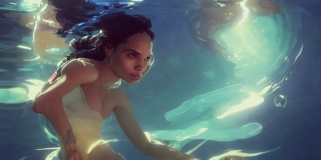 Image similar to Zoe Kravitz as astronaut, underwater in the ocean at night, atmospheric, volumetric lighting, glowing lights, 4k, octane, digital painting, artstation, concept art, sharp focus, illustration, art by artgerm and greg rutkowski and alphonse mucha