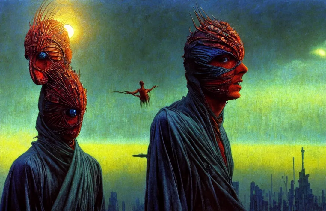 Image similar to realistic detailed portrait movie shot of a birdman wearing dark ragged robes, futuristic city sunset landscape background by denis villeneuve, amano, yves tanguy, alphonse mucha, ernst haeckel, max ernst, roger dean, ridley scott, dramatic closeup composition, rich moody colours, blue eyes