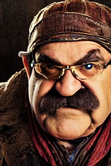 Image similar to very very intricate photorealistic photo of wario wearing his hat in an episode of game of thrones, photo is in focus with detailed atmospheric lighting, award - winning details