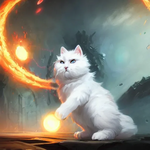 Prompt: arcane style white fluffy cat, bomb boom, bomb boom, bomb boombomb boom, bomb explosion, boom, bright art masterpiece artstation. 8 k, sharp high quality artwork in style of jose daniel cabrera pena and greg rutkowski, concept art by tooth wu, blizzard warcraft artwork, hearthstone card game artwork, exploding, grenade explosion