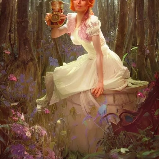 Image similar to close up portrait of alice in wonderland, magical forest, dramatic lighting, high detail, painted, by greg rutkowski, painted by stanley artgerm, painted by alphonse mucha, trending on artstation