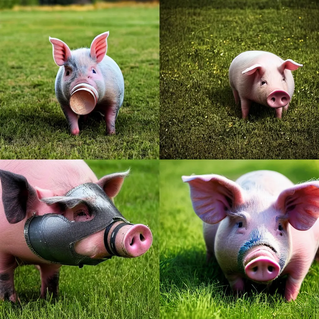 Prompt: a cute pig wearing a gas mask, digging in the grass