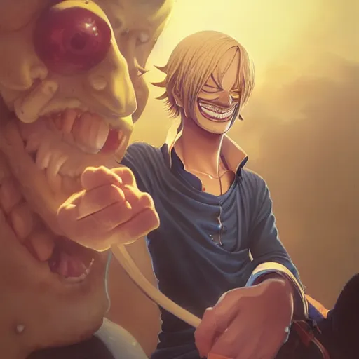 Prompt: highly detailed vfx portrait of sanji by eiichiro oda!, greg rutkowski, loish, rhads, beeple, makoto shinkai, tom bagshaw, alphonse mucha, sharp focus, art by artgerm and greg rutkowski, stanley kubrick, backlit, harsh overhead sunlight,