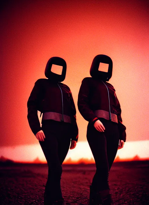 Prompt: photographic portrait shot on cinestill 5 0 d of two loving clones, techwear women on a desolate plain with a red sky, a brutalist dark metal facility in the background, dust storm, 3 5 mm, 8 k, depth of field, high resolution, ultra realistic faces