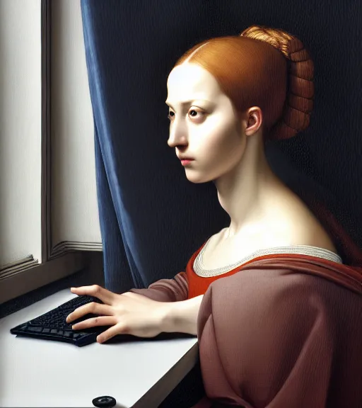 Image similar to portrait of a computer sitting upon a table with heightened detail, poised, intense emotion, detailed facial expression, detailed surroundings, intricate, elegant, highly detailed, centered, digital painting, artstation, concept art, smooth, sharp focus, illustration, by ( leonardo da vinci ), wlop