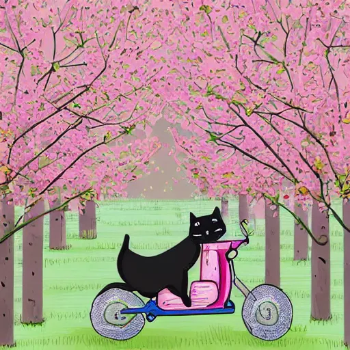 Image similar to a cute artwork of two cats riding scooters through a forest of cheery blossom trees