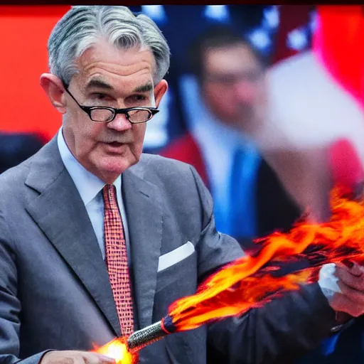 Image similar to photo of Jerome Powell using a flamethrower, highly-detailed, award-winning