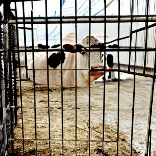 Prompt: dirty bottle of milk and a cow inside a cage, inside slaughterhouse