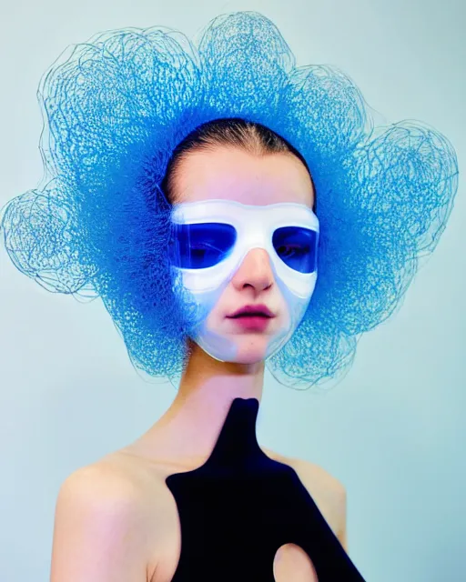 Image similar to symmetrical portrait of a woman wearing a blue embroidered translucent silicone mask and white frizzy hair buns, wearing a black bodysuit by alexander mcqueen, standing in a sterile room full of translucent silicone white flowers and plants, white background, soft diffused light, biotechnology, humanoide robot, futuristic aesthetic, translucent, ethereal, intricate details, highly detailed, masterpiece,