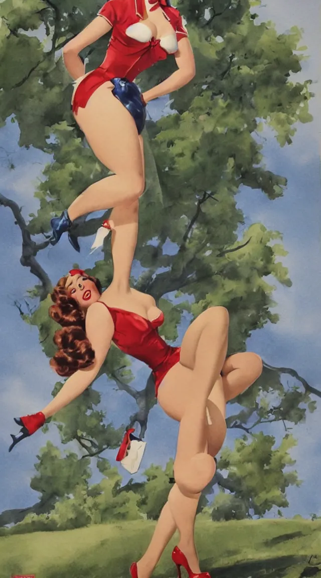 Prompt: full body pin up post war dressing a military unioform,with a park in the back ground, water color, Gil Elvgren style