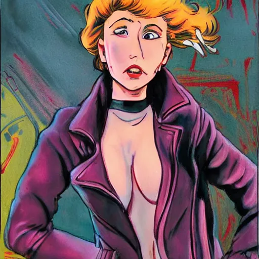 Image similar to young female protagonist in leather jacket, city street, artwork by ralph bakshi