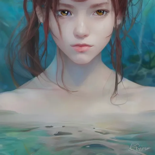 Prompt: painting by krenz cushart!!, portrait of a beautiful girl as a frog submerged in water, taken underwater, finely detailed features, backlit, rule of thirds, intricate brush strokes, beautiful realistic lighting, trending on pixiv fanbox artstation.