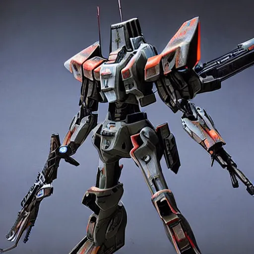 Image similar to cinematic still in ps 5 armoredcore 6, one slim full body ornate armored core with sci - fi rifle arms by fujioka kenki and by mamoru nagano,