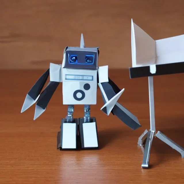 Image similar to a photograph of an origami of a cool robot playing a roland synthesizer on top of a wooden table