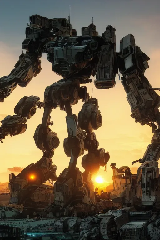 Prompt: A real photo of a giant mechwarrior robot and the sunset in the distance, by Josan Gonzalez, Yoji Shinkawa and Geof Darrow, highly detailed, Unreal Engine Render, 3D, 8k wallpaper