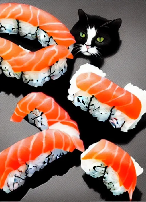 Image similar to clear photorealistic picture of adorable cats made out of sushi