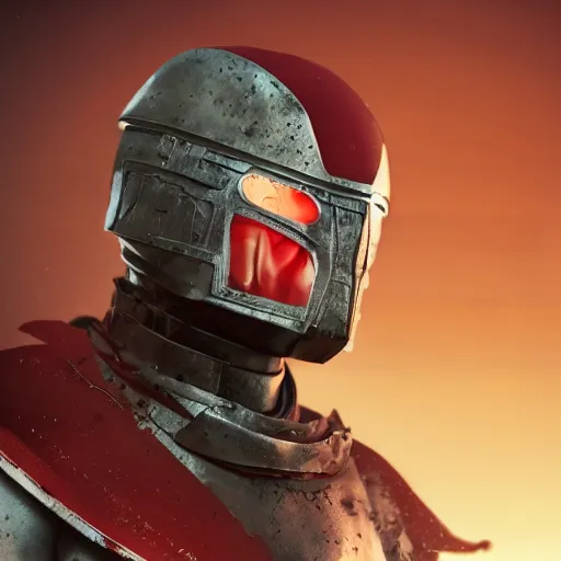 Image similar to a muscular soldier with vertical nose slits, angular eyebrows, wearing blood - spattered glossy sleek white dinged scuffed armor and a long torn red cape, heroic posture, battle - weary, strained expression, determined expression, no helmet, on the surface of mars, dramatic lighting, cinematic, sci - fi, hyperrealistic, detailed