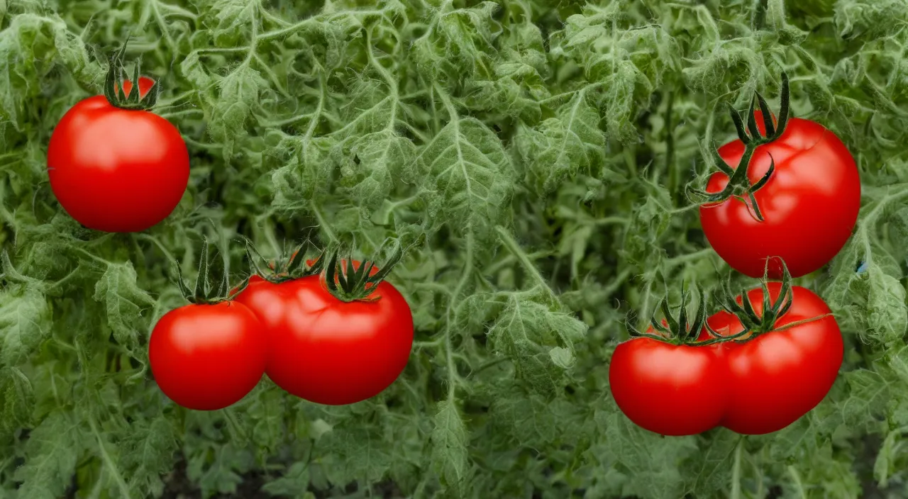 Image similar to a frighteningly red tomato, too red, glowing with an unearthly intensity, halos of light, led cybernetic tomatoes, magically glowing on the vine, haze, atmospheric lighting