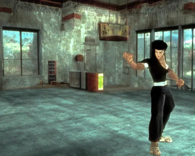 Prompt: a still of irl empty stage from Virtua Fighter in the movie Hard Target (1993), HDR, high quality, 8k, highly detailed and intricate,