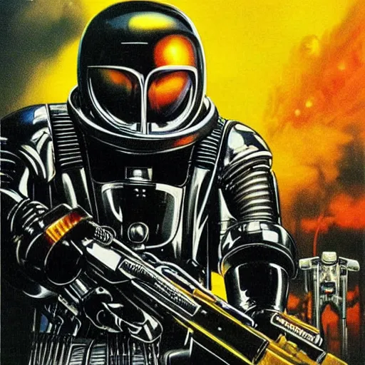 Prompt: 1 9 8 0's heavy metal album art, a shiny reflective detailed chrome cool cybernetic futurepunk 1 9 7 0's london punk rock android firing a giant rifle - style blaster rifle designed by ridley scott inside an alien spaceship