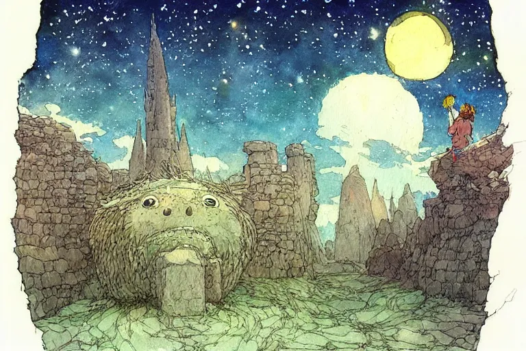 Image similar to hyperrealist studio ghibli watercolor fantasy concept art of a giant from howl's moving castle sitting on stonehenge like a chair. it is a misty starry night. by rebecca guay, michael kaluta, charles vess