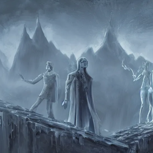 Prompt: future disciples of frozen symmetrical world, Pythagoras, sinner cataclysm, dynamic lighting, deus ex machina, primeval duality, cinematic, establishing shot, extremely high detail, photo realistic, cinematic lighting, oil painting, intricate line drawings