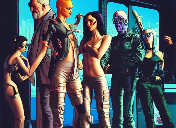 Prompt: cyberpunk heist crew. portrait by stonehouse and mœbius and will eisner and gil elvgren and pixar. character design. realistic proportions. cyberpunk 2 0 7 7 character art, blade runner 2 0 4 9 concept art. cel shading. attractive face. thick lines. the team. diverse characters. artstationhq.