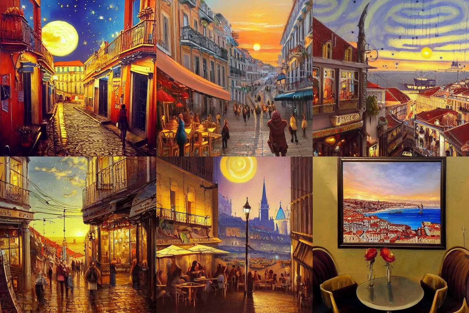 Prompt: photo of a beautiful painting of the city of lisbon inside a cafe, so many trinkets jewelry gold artworks, sunset, starry-night!!!!!!!!!!!!!!!!!!!!, Greg Rutkowski, Moebius, Mohrbacher, peaceful, colorful