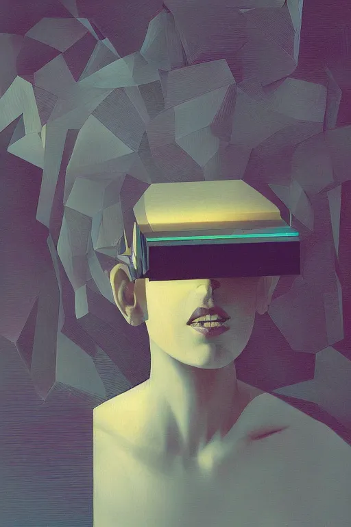 Image similar to woman wearing oculus and digital glitch head edward hopper and james gilleard, zdzislaw beksisnski, higly detailed
