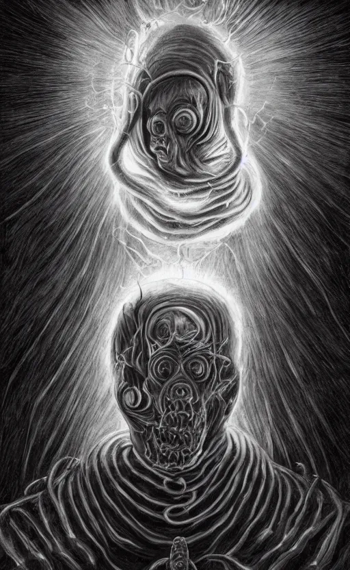 Image similar to lovecraftian portrait of jerma, surrounded by beams of light dark background by wayne barlow, stanley donwood, anton semenov, zdzislaw bekinski, hr giger, 8 k, fantasy, dark, highly detailed