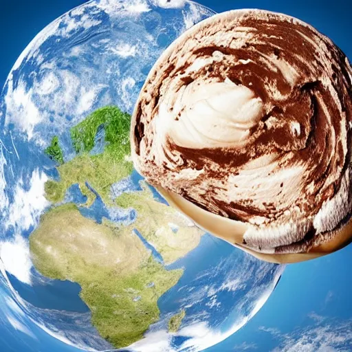 Image similar to earth made of ice cream, in a cone, which is melting under the heat