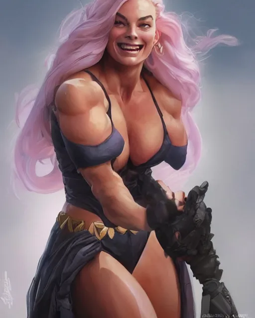 Prompt: full figure ultra realistic illustration, margot robbie as thick female bodybuilder witch zarya from overwatch smiling with closed eyes, intricate, elegant, highly detailed, digital painting, artstation, concept art, smooth, sharp focus, illustration, art by artgerm and greg rutkowski and alphonse mucha