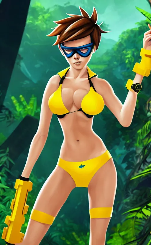 prompthunt: tracer game character, in yellow bikini thong yellow