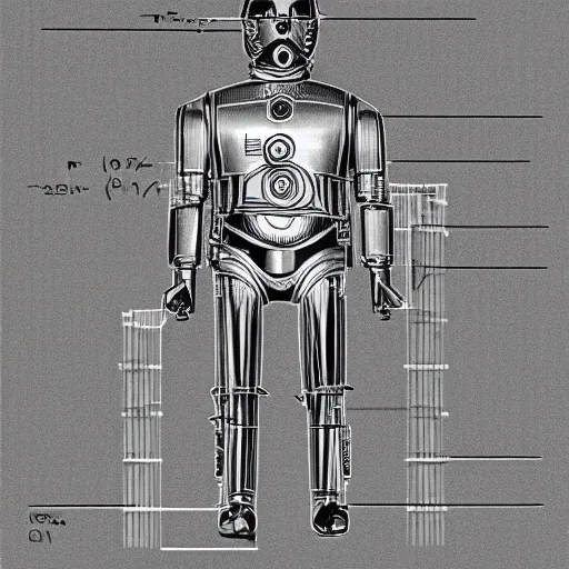 Prompt: technical blueprint of C3PO, pencil style