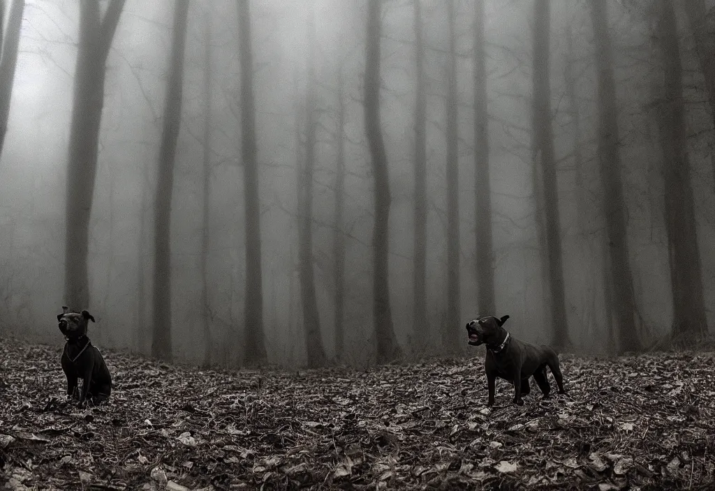 Image similar to low quality iphone photo of a cute pitbull standing ominously deep in the foggy woods with a demonic smile in his face, low visibility, grainy, creepy