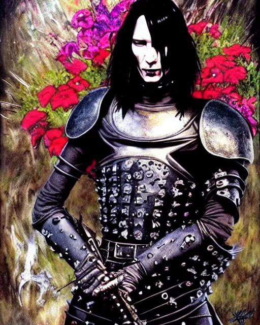 Image similar to portrait of a skinny punk goth keanu reeves wearing armor by simon bisley, john blance, frank frazetta, fantasy, thief warrior, colorful flowers floral