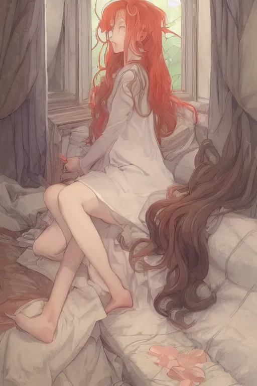 Image similar to a teenage girl in a jk uniform outfit in the bedroom reading a book in a night, raining outside the window, grey and orange theme ， wavy white long hair, by krenz cushart and mucha and akihito yoshida and greg rutkowski and wlop, detailed eyes, 4 k resolution