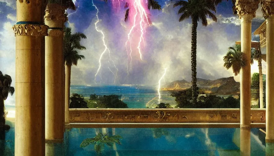 Image similar to Palace of the occult, mediterranean balustrade and columns, refracted sparkles, thunderstorm, greek pool, beach and Tropical vegetation on the background major arcana sky and occult symbols, by paul delaroche, hyperrealistic 4k uhd, award-winning, very detailed paradise