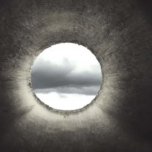 Image similar to a black portal opening up in the sky, zoomed out shot, landscape, dramatic lighting